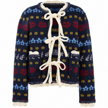 Navy Cropped Jacquard Cardigan with Floral Pattern and Lace-Up Ties