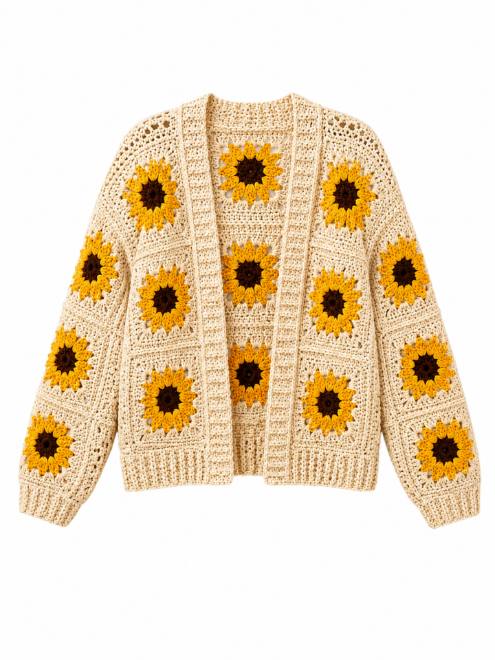 Cream Crochet Cardigan with Sunflower Granny Squares
