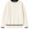 Cream Cable-Knit Sweater with Black Stripes