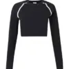 Black Fitted Long-Sleeve Cropped Top with White Piping