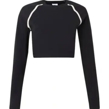 Black Fitted Long-Sleeve Cropped Top with White Piping