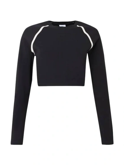 Black Fitted Long-Sleeve Cropped Top with White Piping