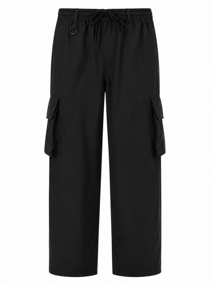 Black Wide-Leg Cargo Pants with Drawstring