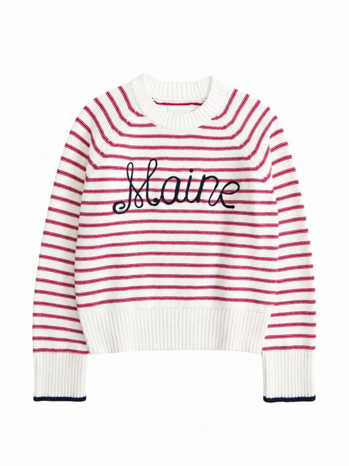 White Striped Knit Sweater with Maine Graphic