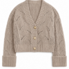 Beige Cropped Pointelle Cardigan with V-Neck and Gold Buttons