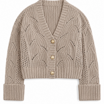 Beige Cropped Pointelle Cardigan with V-Neck and Gold Buttons
