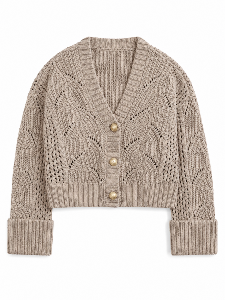 Beige Cropped Pointelle Cardigan with V-Neck and Gold Buttons
