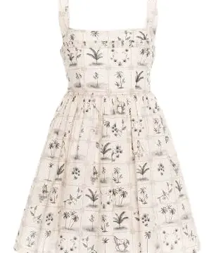 Off-White Botanical Print Sleeveless Fit and Flare Mini Dress