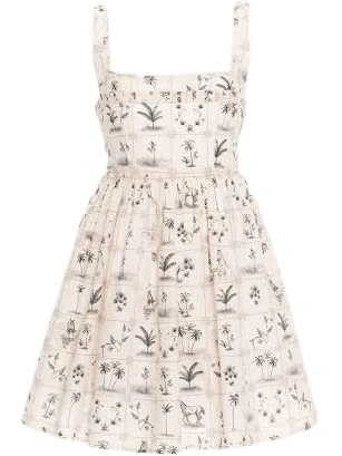 Off-White Botanical Print Sleeveless Fit and Flare Mini Dress