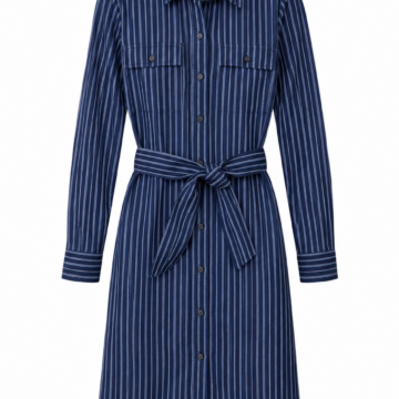 Navy Pinstripe Button-Front Midi Shirt Dress with Tie Belt