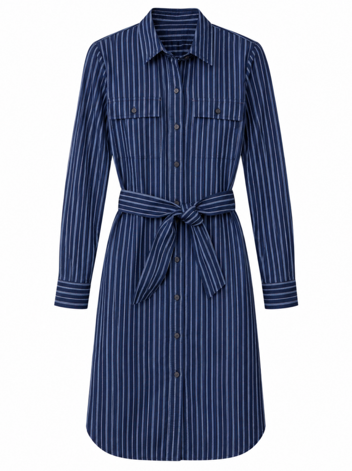 Navy Pinstripe Button-Front Midi Shirt Dress with Tie Belt