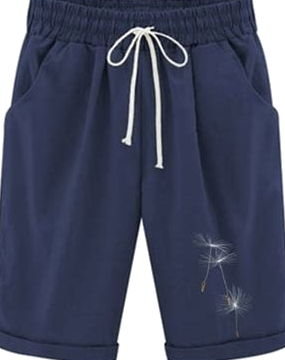 Navy Blue Dandelion Embroidered Drawstring Shorts