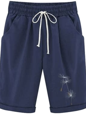 Navy Blue Dandelion Embroidered Drawstring Shorts